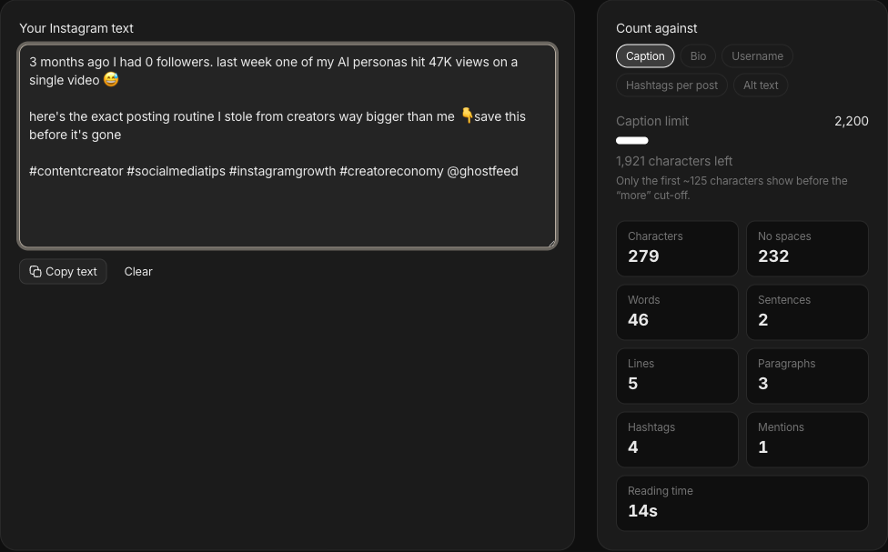 Instagram character counter with live counts