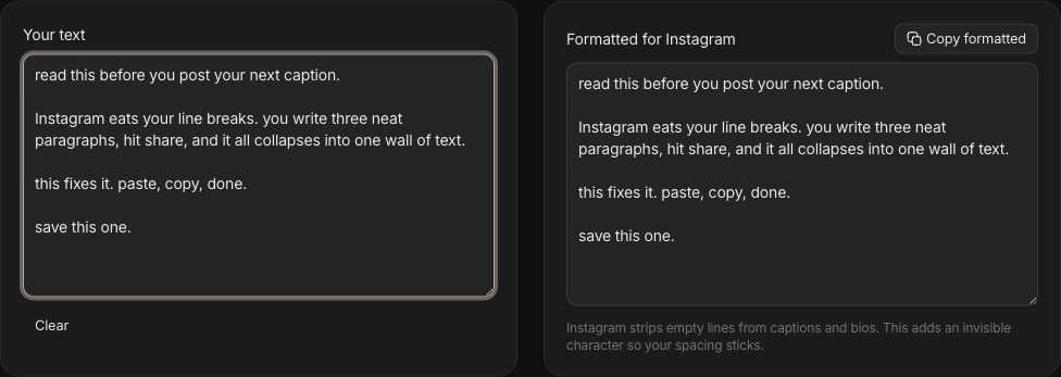 Instagram line breaker showing input and formatted output