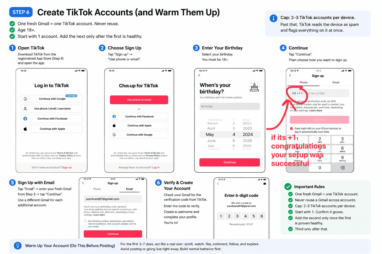 TikTok account warm-up sequence